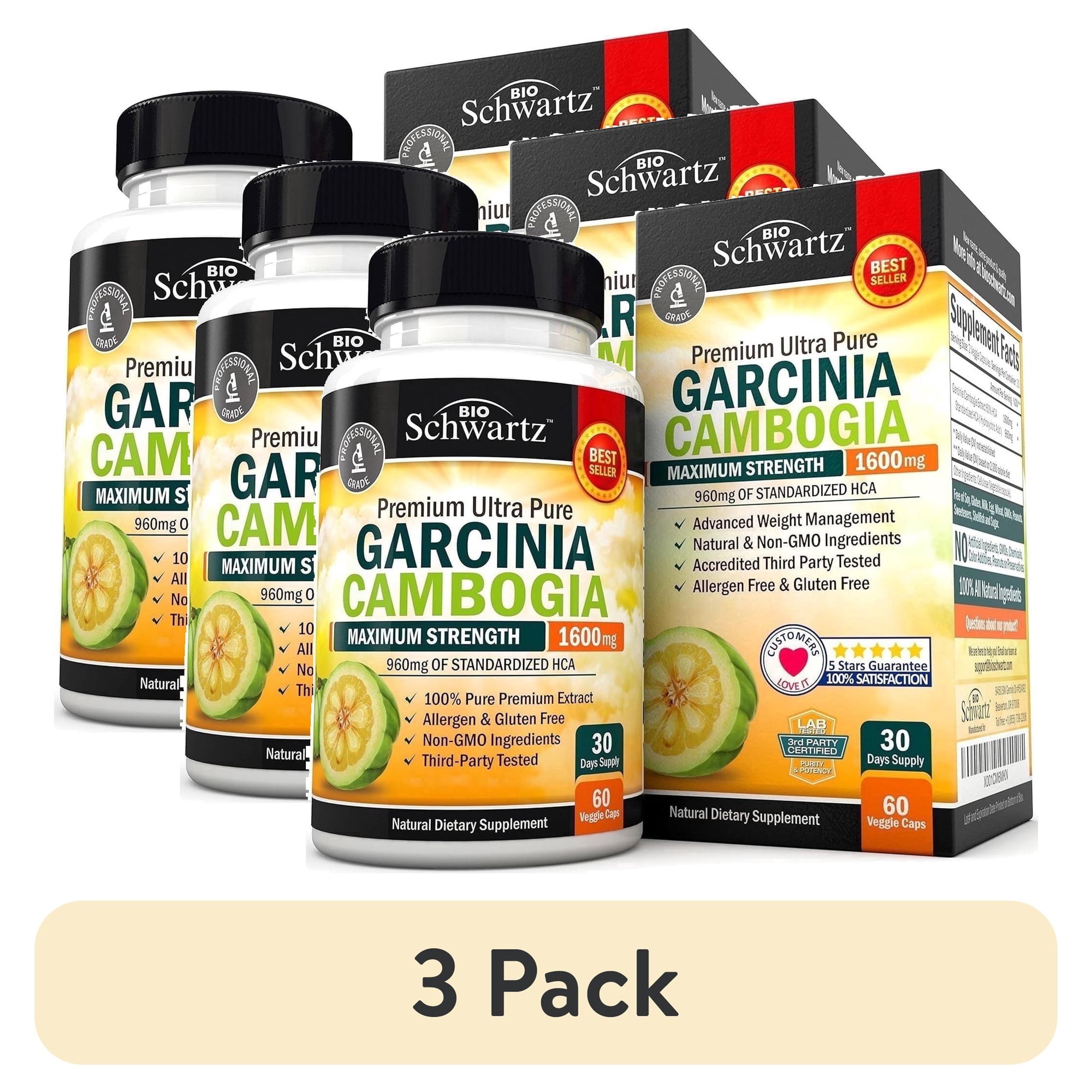 (3 pack) BioSchwartz Garcinia Cambogia Capsules 1600mg with 960mg HCA, Potassium & Calcium, Dietary Supplement, 60 Count