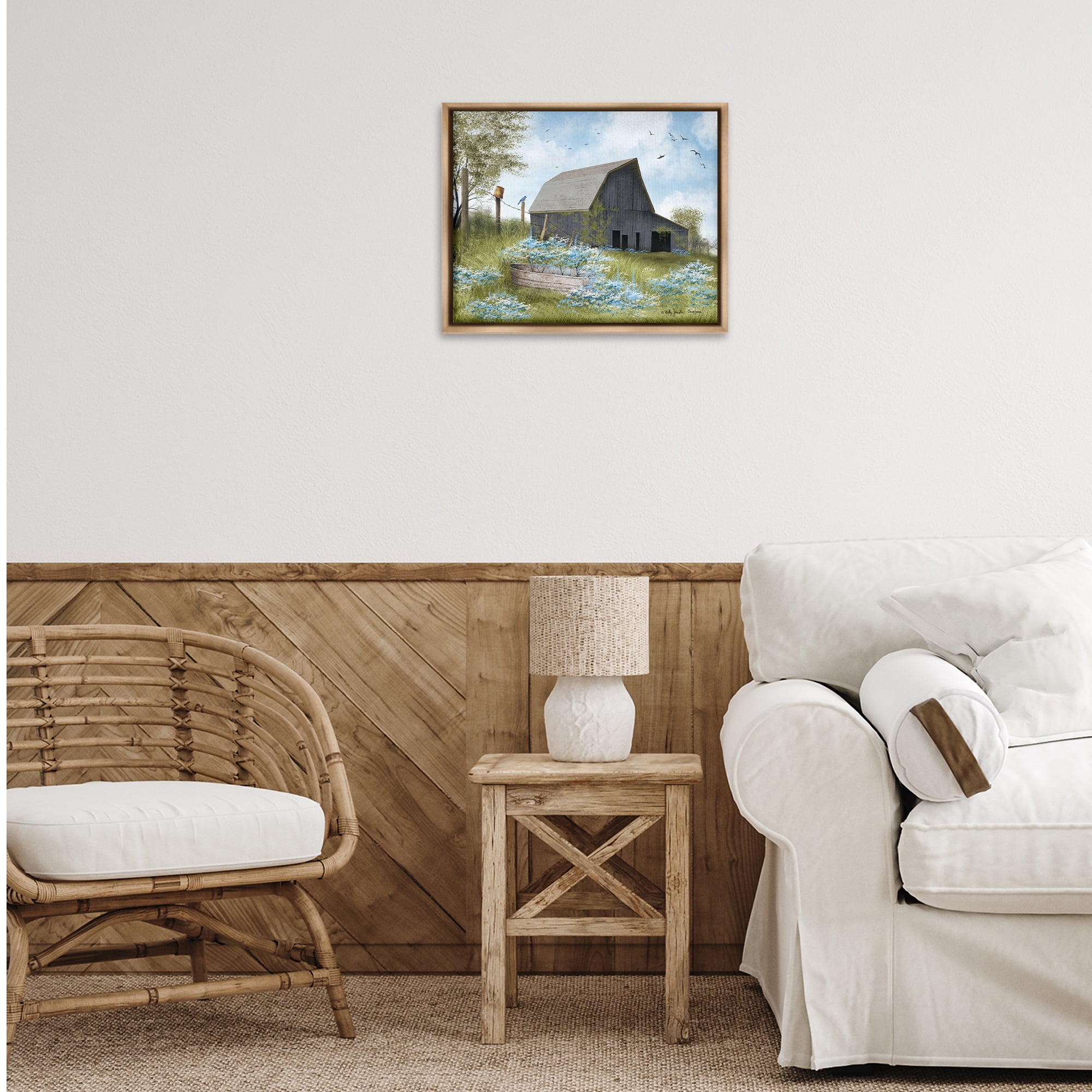 Stupell Industries Blue Floral Country Garden Landscape & Nature Painting Brown Floater Framed Canvas Art Print Wall Art, 21 x 17