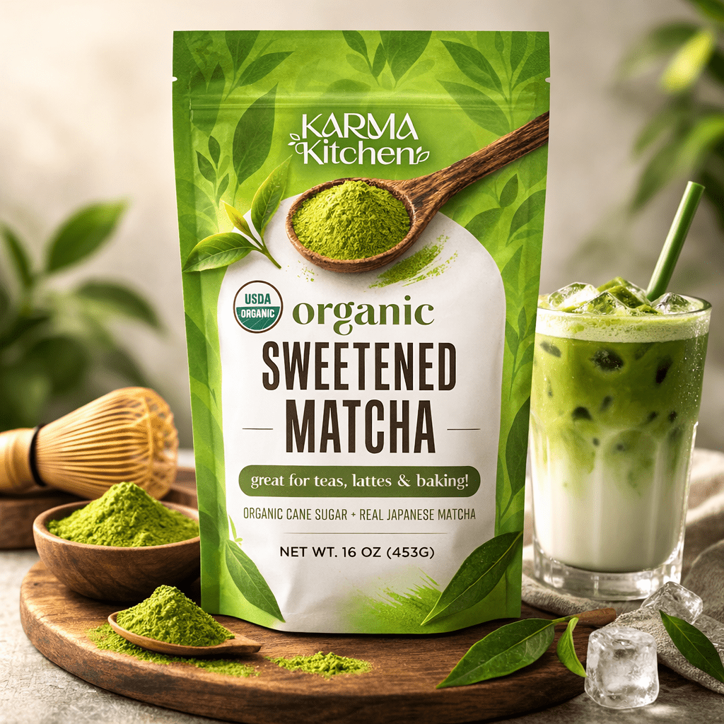 Karma Kitchen Organic Sweetened Matcha Green Tea Powder, USDA Organic, Japanese Matcha with Cane Sugar, Great for Lattes, Teas & Baking, 16 oz