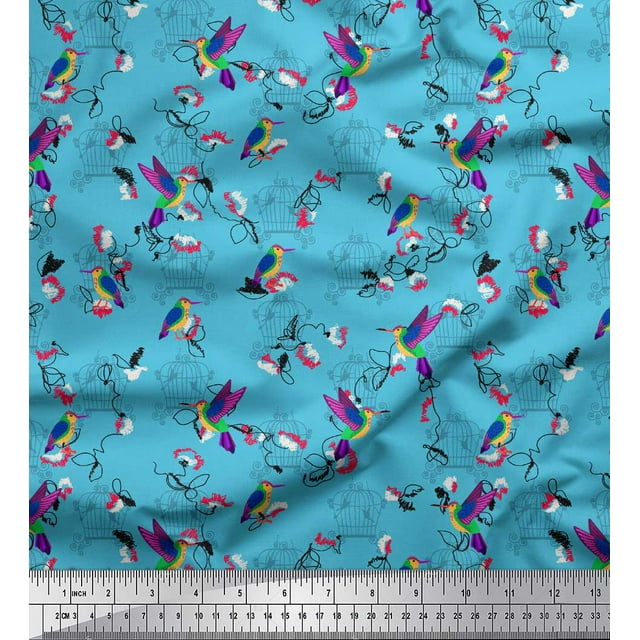 Soimoi Blue polyester Crepe Fabric Cage & Humming Bird Decor Fabric Printed Yard 42 Inch Wide