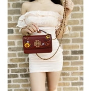 Tory Burch Women's Pebbled Leather Floral Crossbody Bag with Mini Top Handle, Red