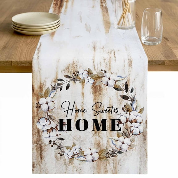 Home Sweet Table Runner - 70 Inch Long Wreath Botanical Farmhouse Plants Gradient Brown Cotton and Linen Blended Dress Scarves Farmhouse Table Runner for Kitchen Dining, Coffee Table, 13" x 70"