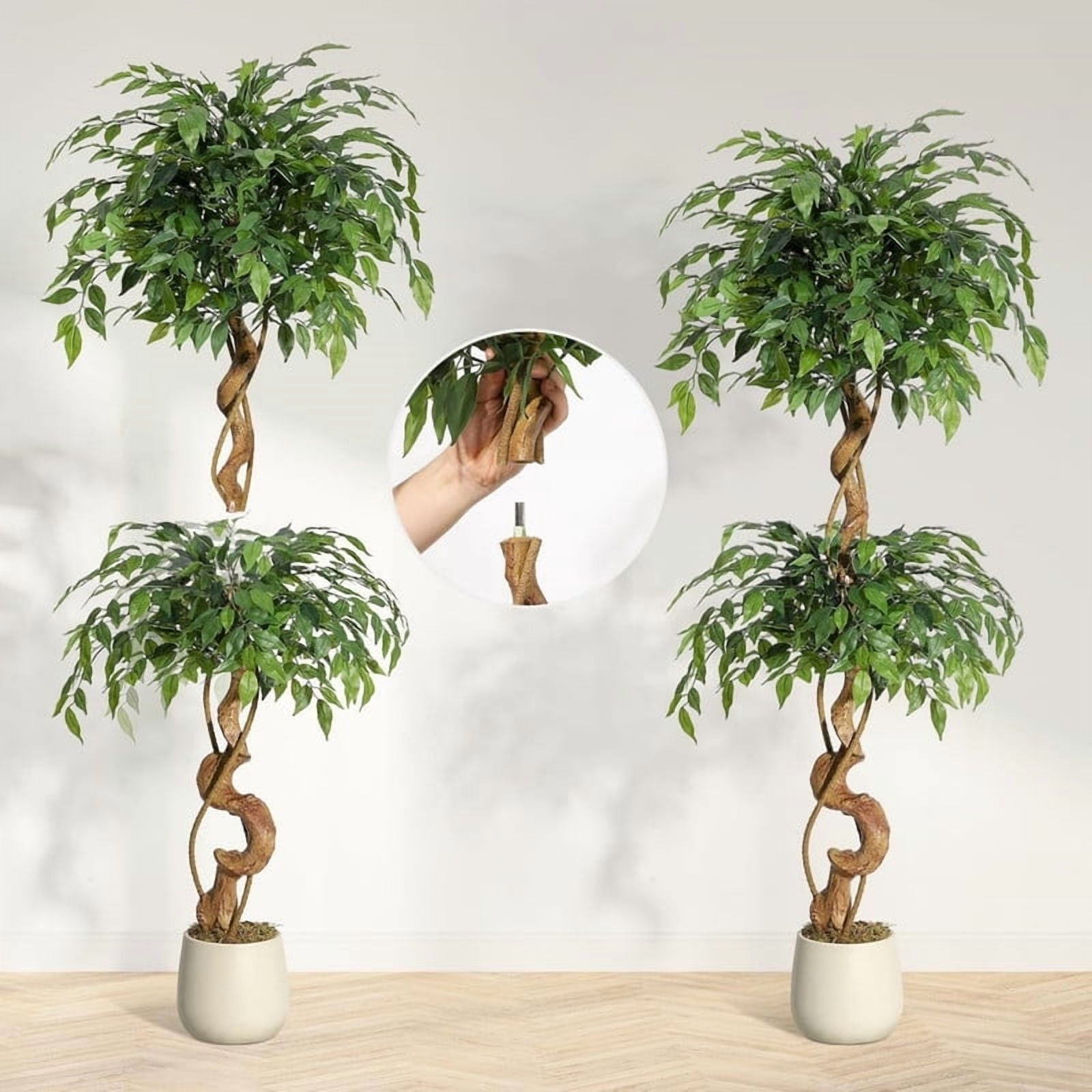 5 Ft Ficus Artificial Tree with Curved Trunk, Faux Plant Fake Silk Trees with White Pot for Home Office Decor Indoor Outdoor