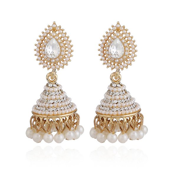 braveheart 1 Pair Retro Indian Bell Earrings Pearl ear jewelry Crystal Pendant Drop Ear Stud Women Girls Wedding Dangle Party Jewelry