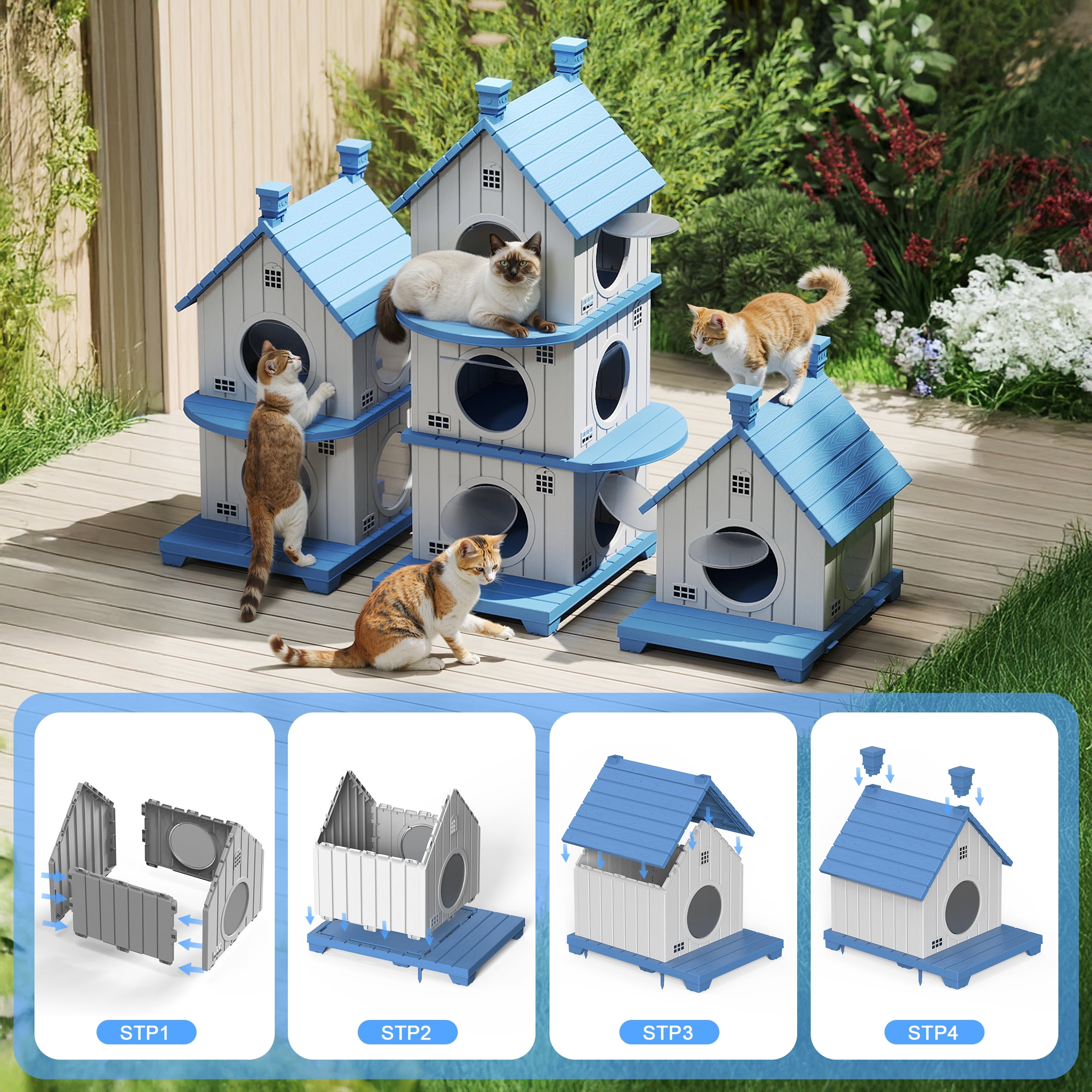 Fazzn Outdoor Cat House with Porch: Weatherproof Insulated Shelter for Cats, Kittens, and Puppies, Including Feral Cats. Features Multiple Entrances, an Elevated Base, and Easy Assembly.Blue/Brown