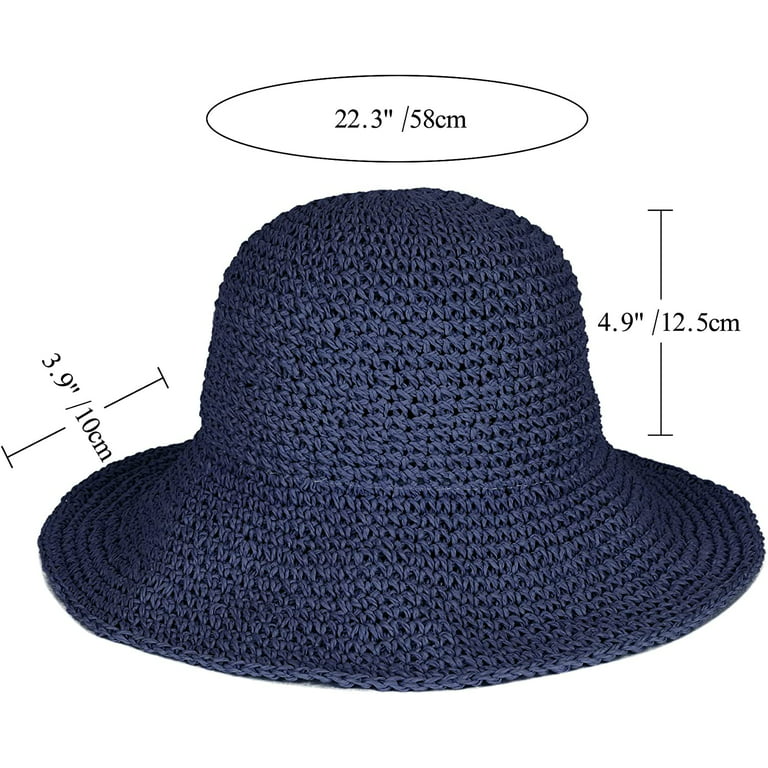 Yuanbang Floppy Straw Sun Hat Foldable Packable Wide Brim Summer Beach Hat Crochet Bucket Hat for Women-Navy Blue, Women's, Size: One Size