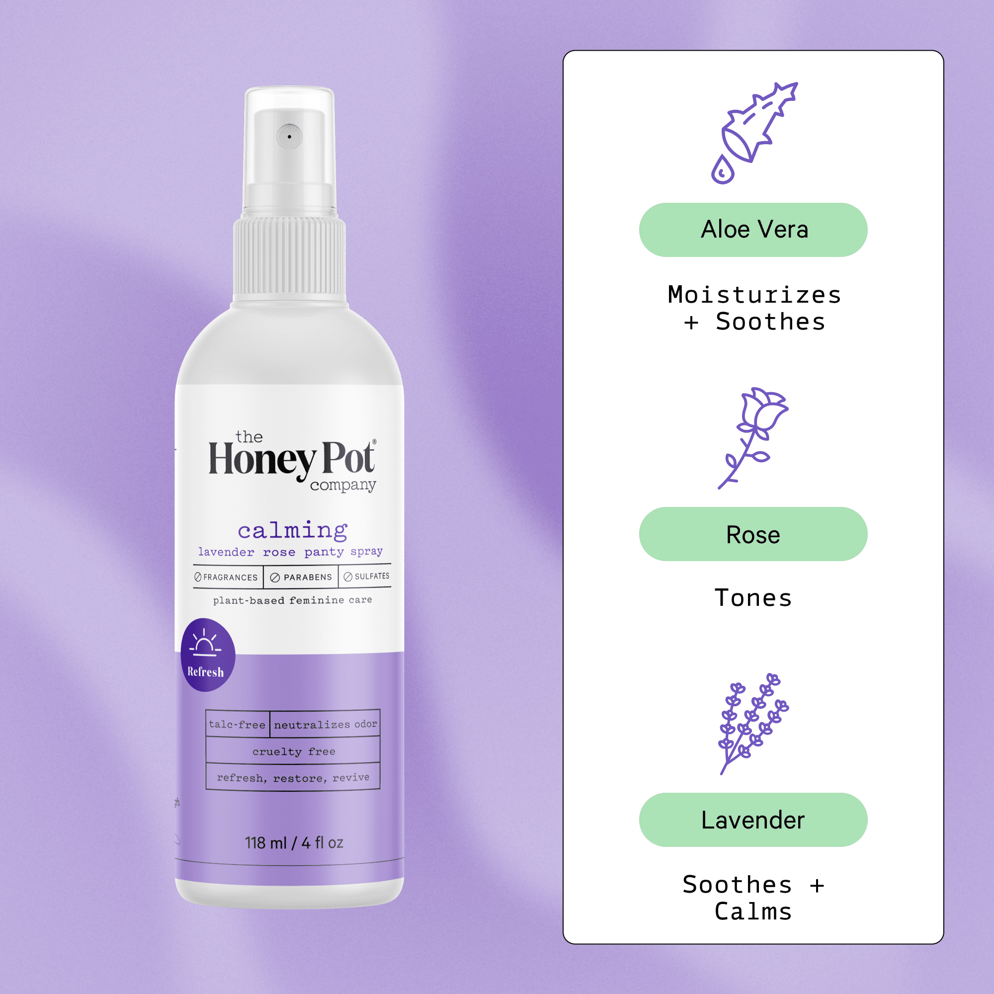The Honey Pot Company, Refreshing Lavender Rose Panty and Body Plant-Derived Deodorant Spray, 4 fl. oz.