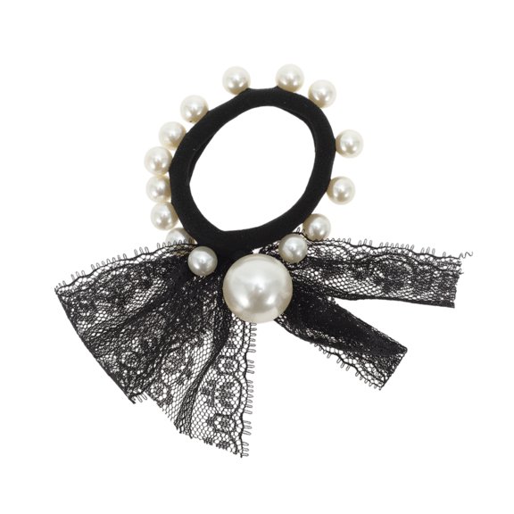 Unique Bargains 1 Pc Lace Faux Pearls Hair Elastic Band for Home Black White