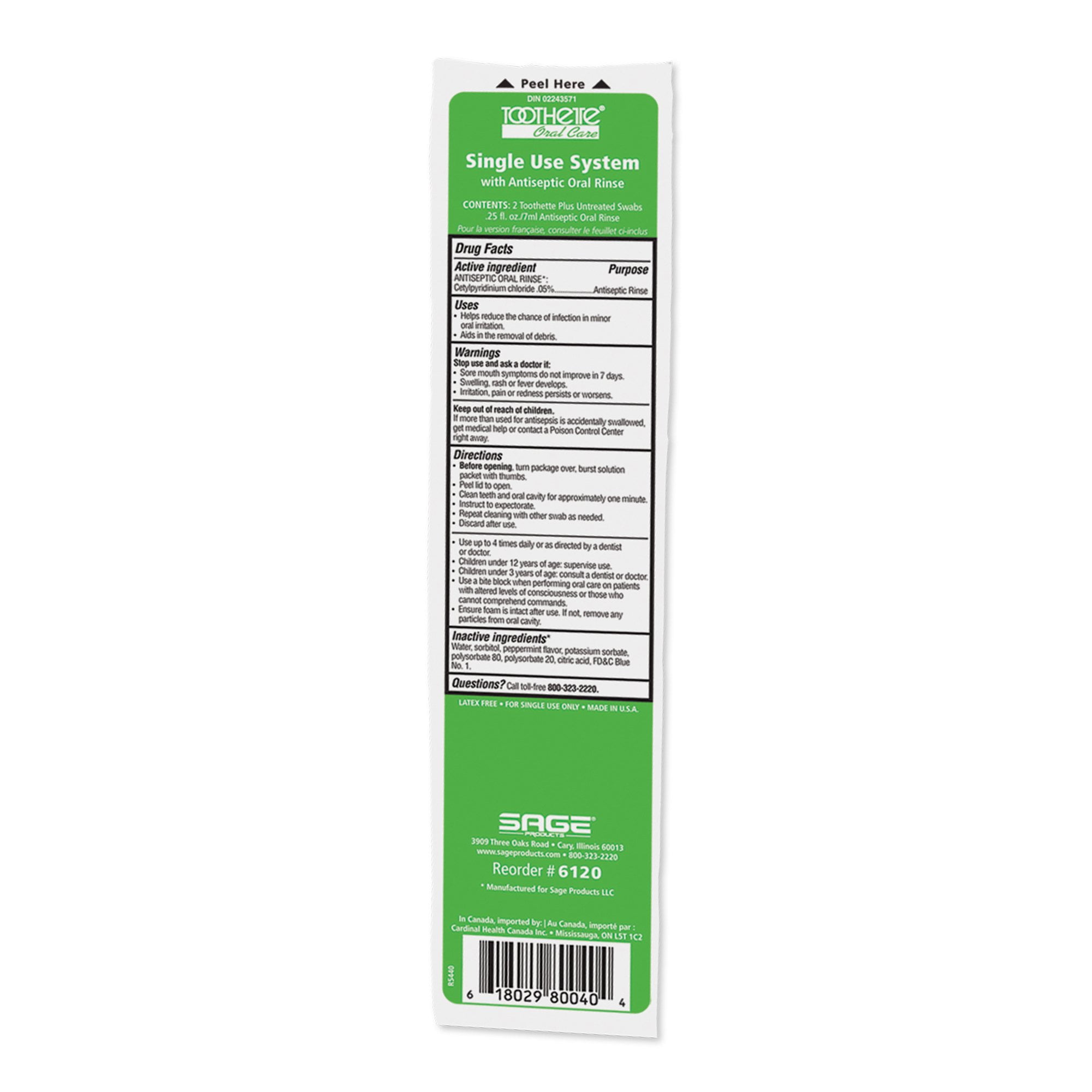Toothette Plus 6 Inch Length Oral Swab with Green Foam Tip 6120, 200 Ct
