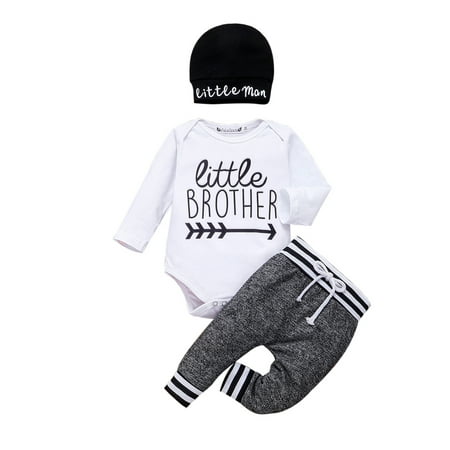 

Newborn Baby Boys Long Sleeve Letter T-Shirt Romper Tops Long Pants Caps Headband Outfits
