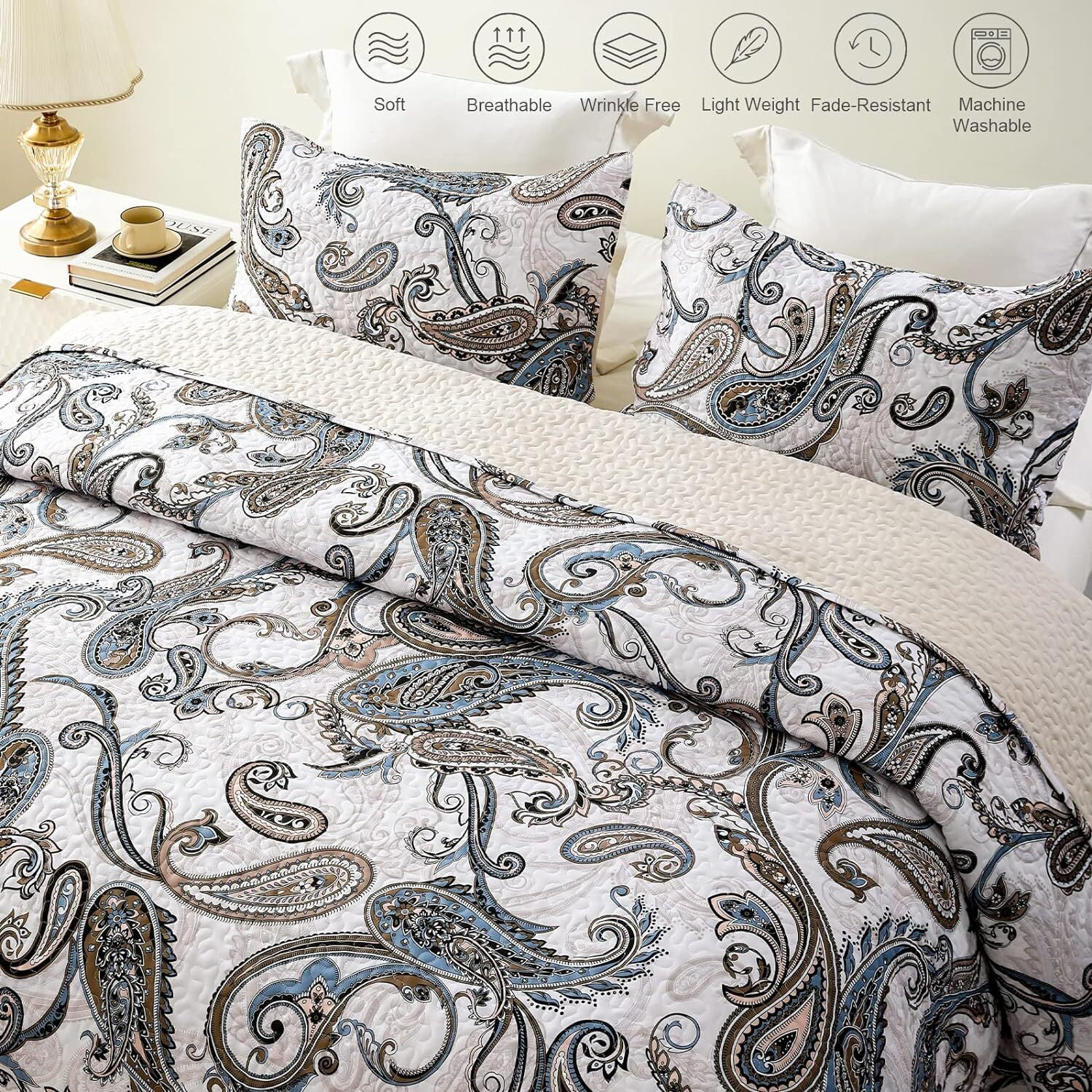 Whale Flotilla Reversible Paisley Quilt Set Queen Size, Lightweight Boho Printed Bedspreads Coverlets Quilts Bedding Set with 2 Pillow Shams for All Seasons, Bone/Grey