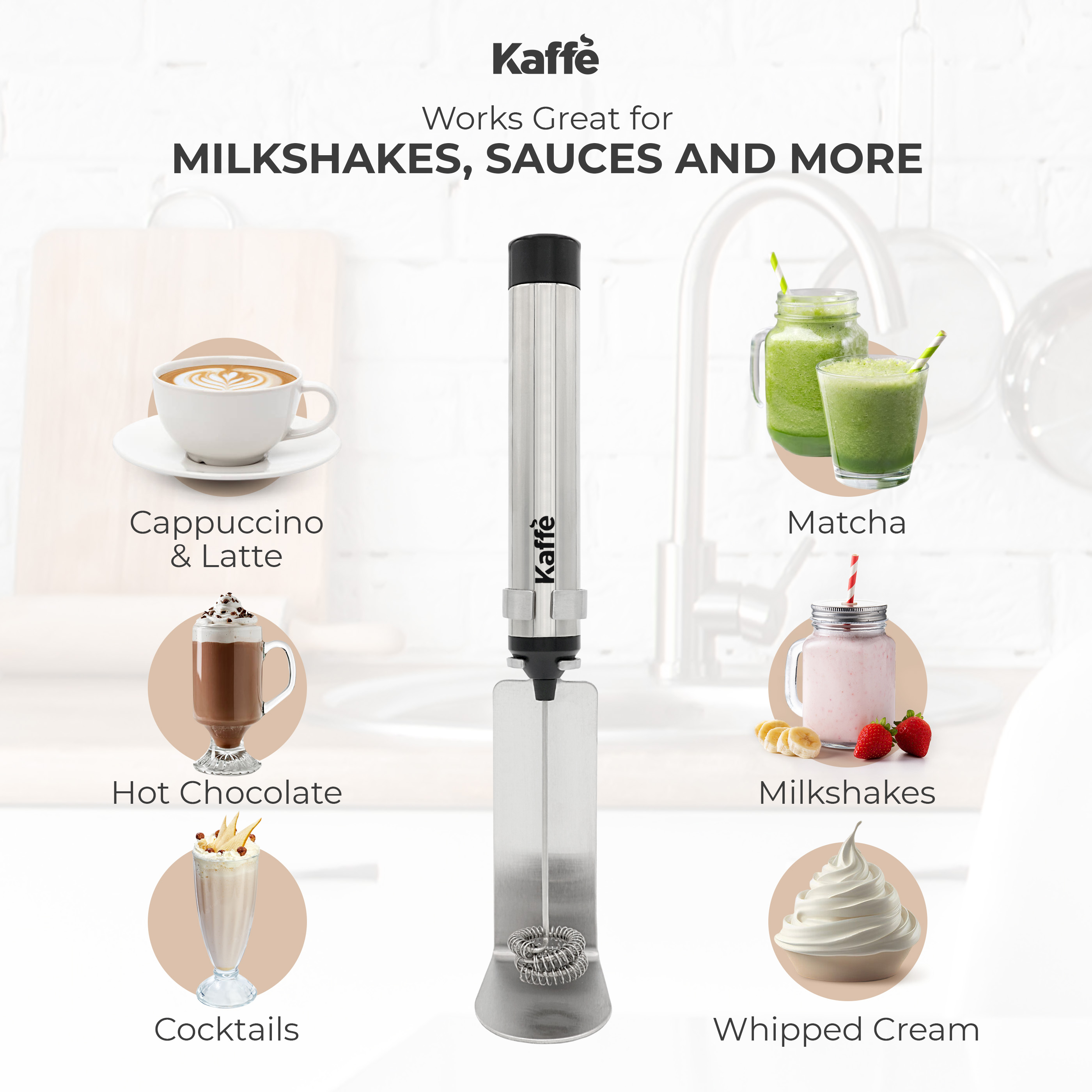 Kaffe Handheld Milk Frother Whisk with Stand Cordless Electric Hand Mixer, Silver