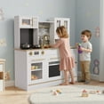 thumbnail image 3 of Arlopu Kids Play Kitchen Set, Wooden Pretend Kitchen Toys w/ Cookware Accessories, Sink, Microwave & 2 Fabric Boxs, 3 of 9