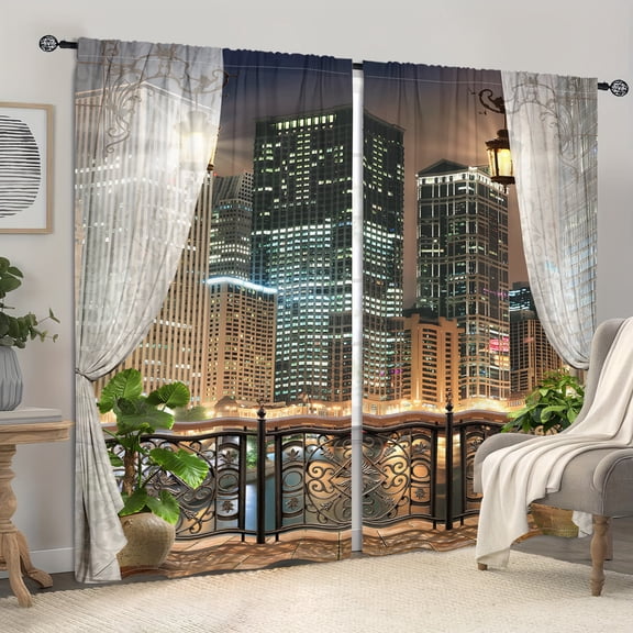 WNOOHIY Modern Luxury City Night Scenery High-rise Buildings Print Curtains for Bedroom and Living Room, Set of 2 Panels