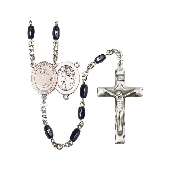 St. Sebastian/Gymnastics Silver-Plated Rosary 8x5mm Black Onyx Beads Crucifix Size 1 3/4 x 1 medal charm