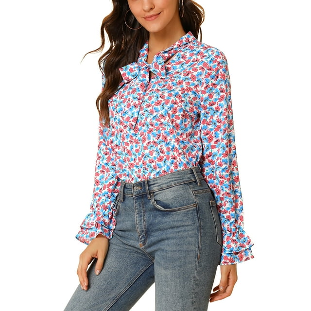 INSPIRE CHIC Haut à Manches Longues Trompette Vintage à Volants à Col en V Noué à Fleurs pour Femme TP Bleu Rouge