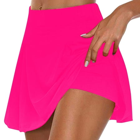 Slegive Skorts for Woman Solid Color High Waisted Tennis Skirts Athletic Stretchy Short Yoga Fake Two Piece Trouser Skirt Shorts Hot Pink S