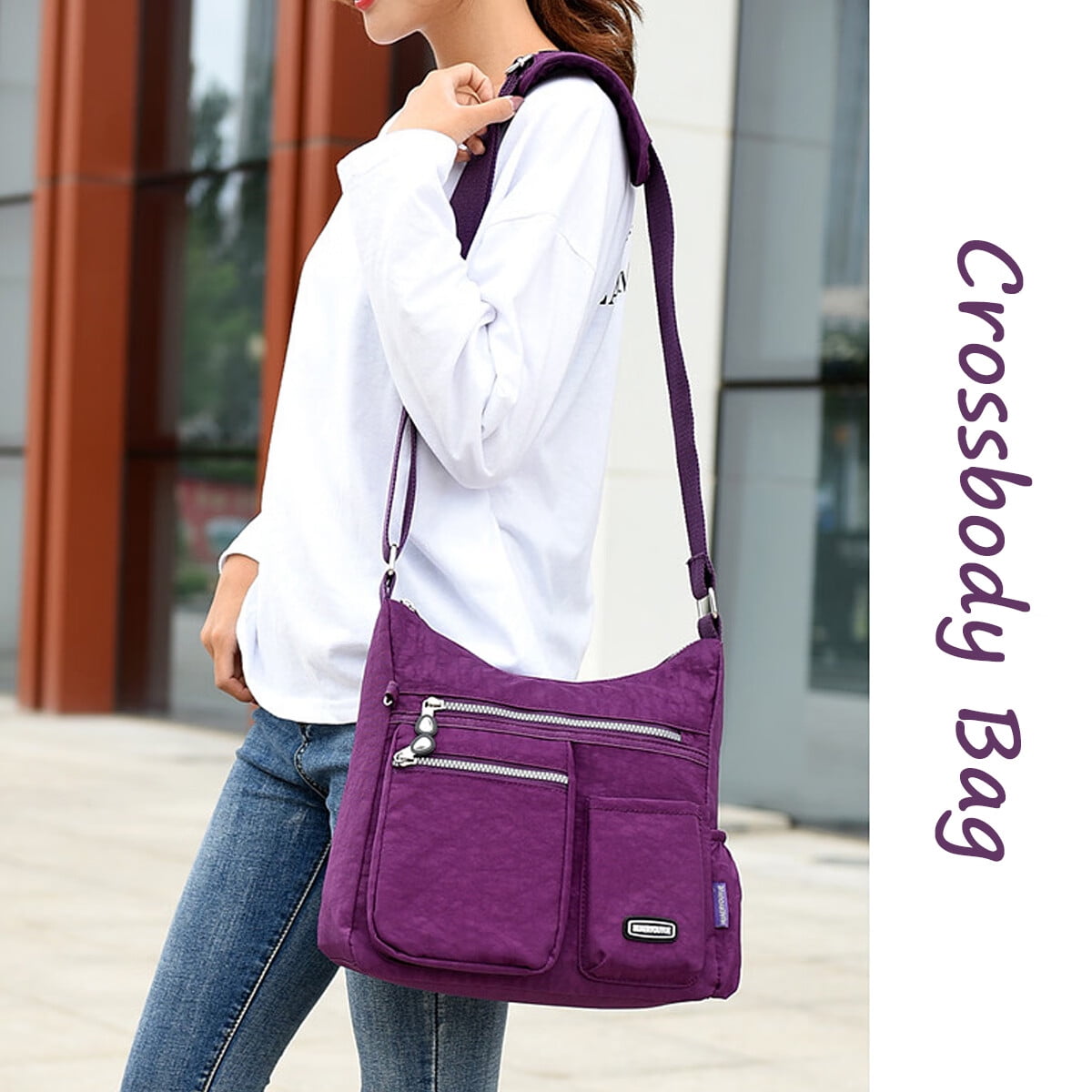 AOUNQ Crossbody Bags for Women Waterproof Hobo Purse Handbag Multi-Pocket Shoulder Bag Nylon Travel Messenger Bag,Purple