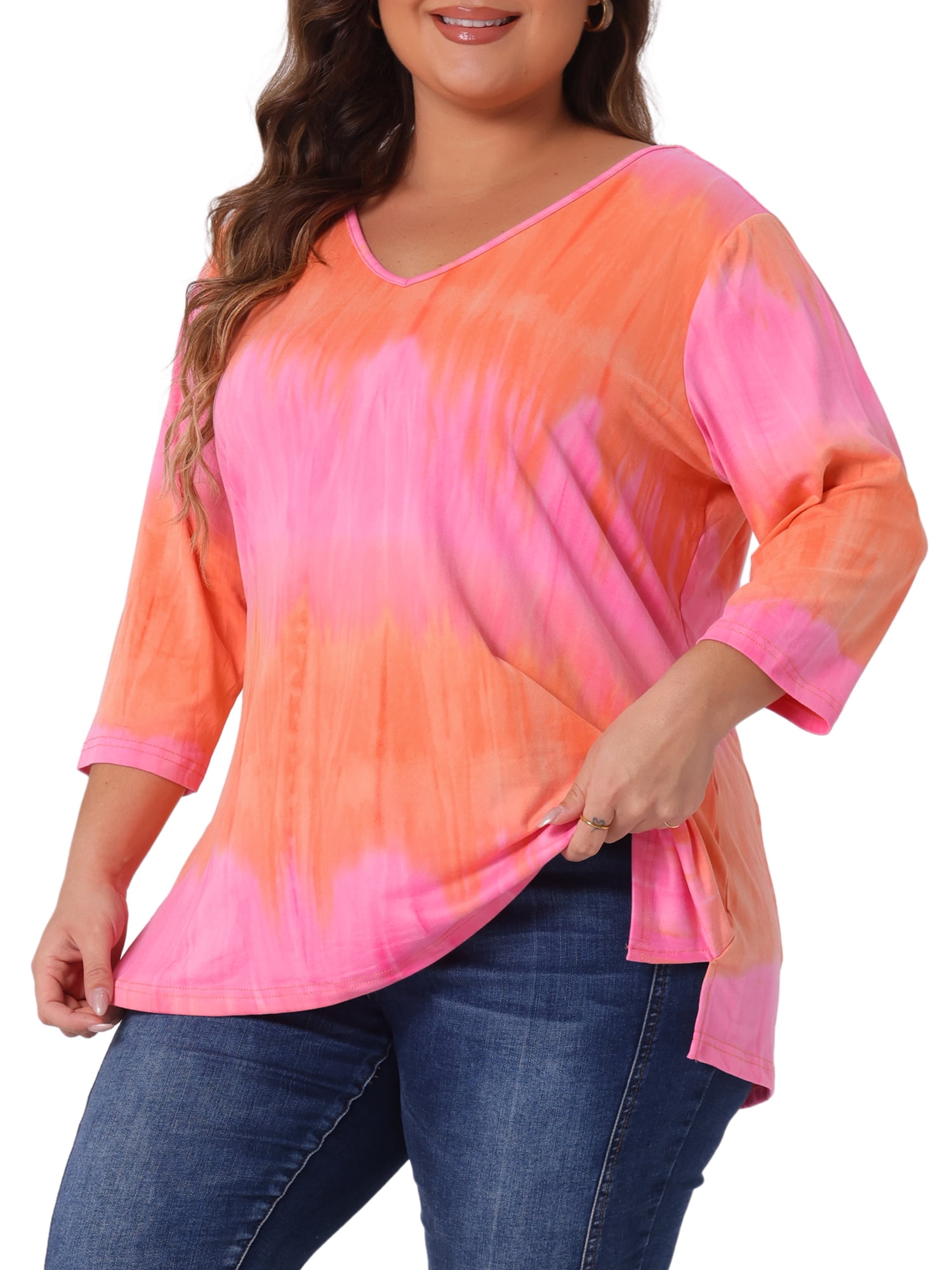 Unique Bargains Women's Plus Size V Neck 3/4 Sleeve Striped Tie Dye Blouse 3X Pink