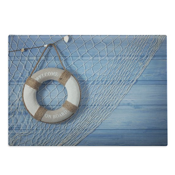 Coastal Cutting Board, on Shabby Blue Planks Nature Antique Look Tourism Theme, Decorative Tempered Glass Cutting and Serving Board, Large Size, Pale Brown Pale Blue, by Ambesonne