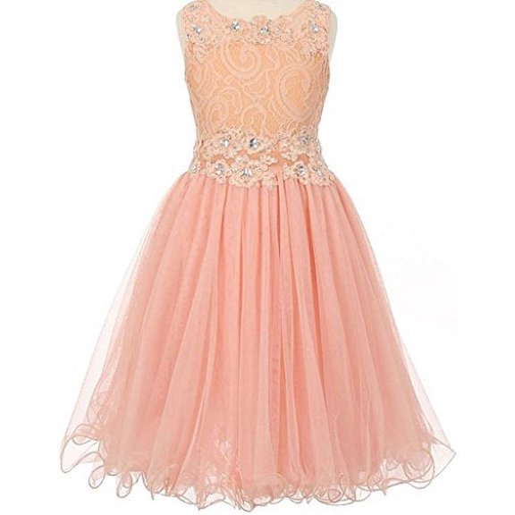 Big Girls' Sleeveless Rhinestone Lace Peekaboo Waist Pageant Flower Girl Dress Peach 14 (C50C10)