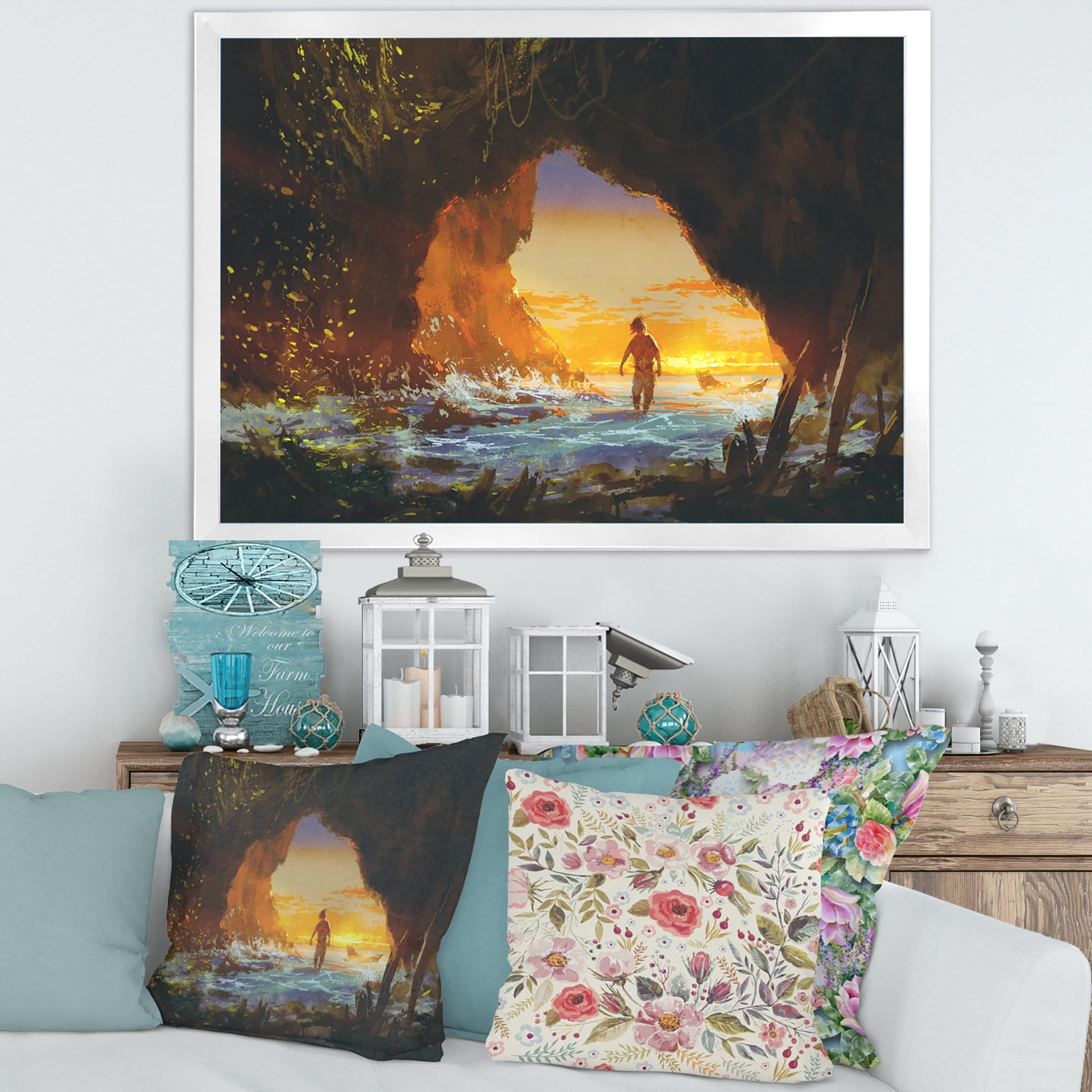 Designart 'The Sea Cave At Sunset With The Man Walking In' Nautical & Coastal Framed Art Print