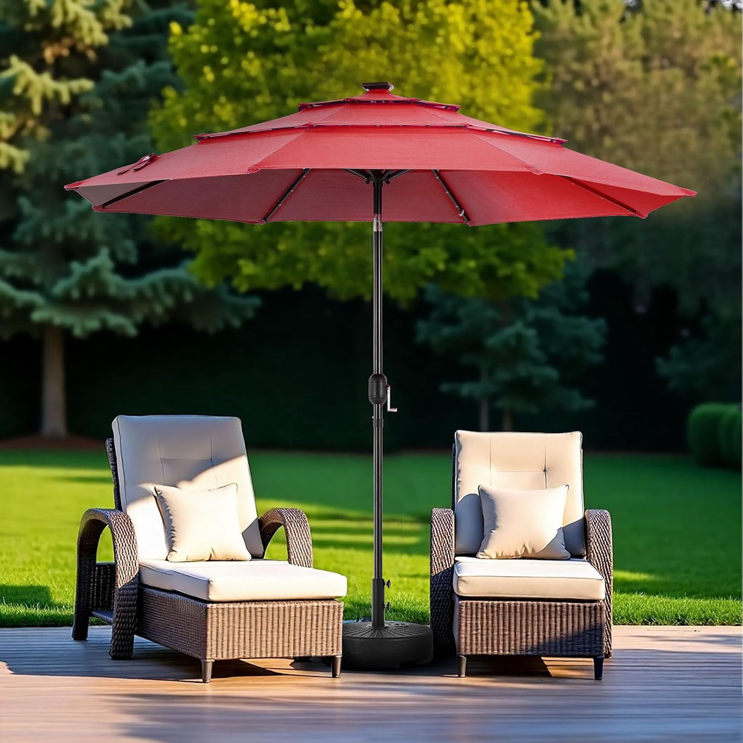 10FT 3-Tier Solar Patio Umbrella with 32 LED Lights, Outdoor Umbrellas with Push Button Tilt and Crank, Tilting Table Umbrella with 8 Sturdy Ribs for Market, Beach, Pool, Garden, UV Protection, Red