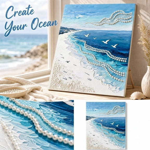 DIY Ocean Wave Pearl Diamond Painting Art Kit with Frame, Beach Pearl Beads Art Craft for Adults Beginner, Gemstone Diamond Dots Beads for Home Wall Decor