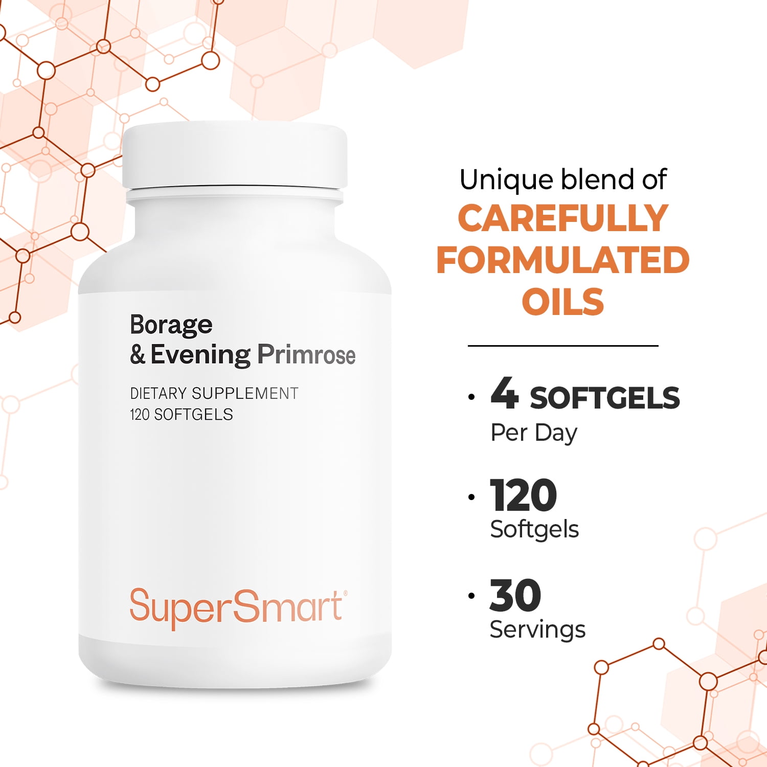 SuperSmart Borage & Evening Primrose (High Potency) - GLA Oil Gamma Linolenic Acid Cold Pressed - with Vitamin E, Borage Oil & Evening Primrose Oil Supplement | Non-GMO & Gluten Free - 120 Softgels
