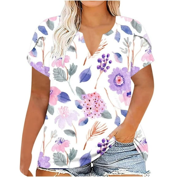 Patlollav Plus Size Tops For Women Summer V Neck Shirts Short Sleeve Oversized Casual Ladies Flowy Tunics Tee