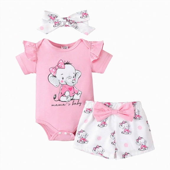 Baby Girl Clothes Outfit Elephant Print Outfit Ruffle Romper and Short Pants Clothing Sets for Summer Newborn Infant Baby Girls 0 3 6 9 12 18 Months
