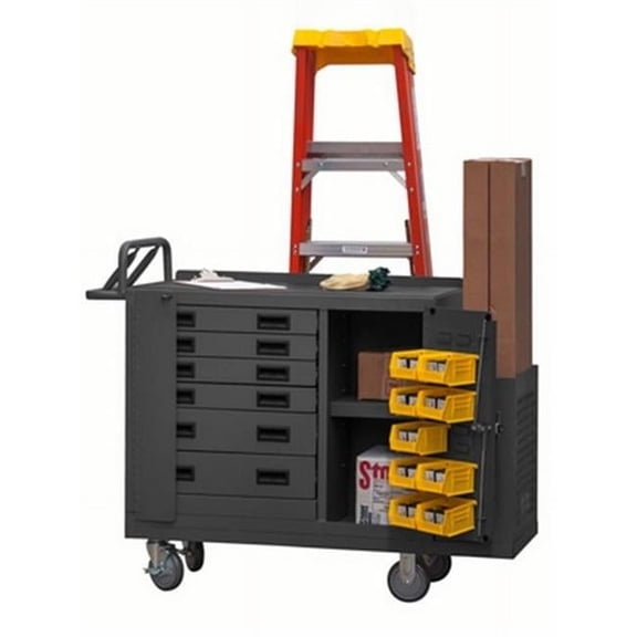 Durham  14 Gauge Padlockable Door Ladder Hanger Lockable Mobile Maintenance Cart with 9 Yellow Hook on Bins & 1 Shelf & 6 Drawers Back Lip Up - Gray - 53.81 x 20.13 x 40.5 in.
