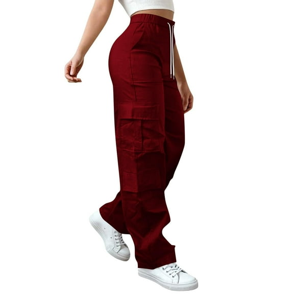 WULMLEO Cargo Pants Women Elastic High Waist Travel Pants Wide Leg Baggy Casual Trousers Hiking Streetwear with Multi Pockets Wine 3XL