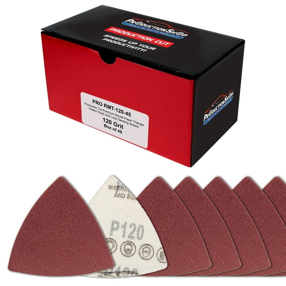ProductionShop Premium 120 Grit Triangle Mouse Detail Sander Sandpaper Sheets, Box of 45 - Hook & Loop, Triangular Shaped Mouse Disc Pads - Oscillating Multi-Tools - Woodworking, Sand Furniture Paint