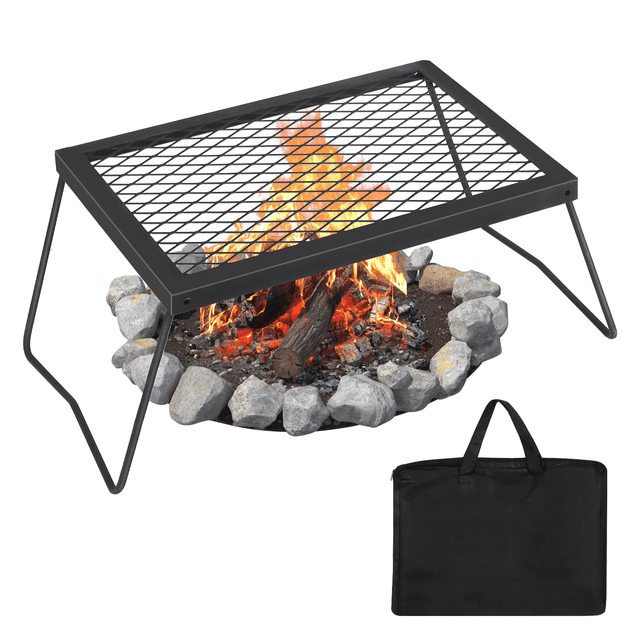 Campfire Grill – Swivel Heavy Duty Steel Grate – Bakelite Handle – Portable Over-Fire Grill – Includes Carry Bag – Outdoor Open Flame Cooking