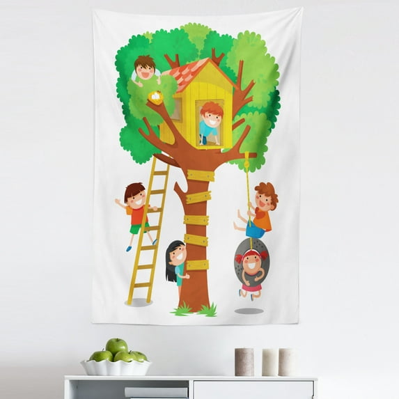 Cartoon Tapestry, Cheerful Boys and Girl Playing in a Tree House Happy Friends, Fabric Wall Hanging Decor for Bedroom Living Room Dorm, 5 Sizes, Multicolor, by Ambesonne