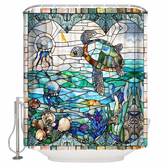 Stained Glass Sea Turtle Bathroom Shower Curtains with 12 Hooks Polyester Waterproof Shower Curtain for Stalls and Bathtubs Summer Coastal Ocean Jellyfish Decorative Bathroom Curtain 36x72 Inches
