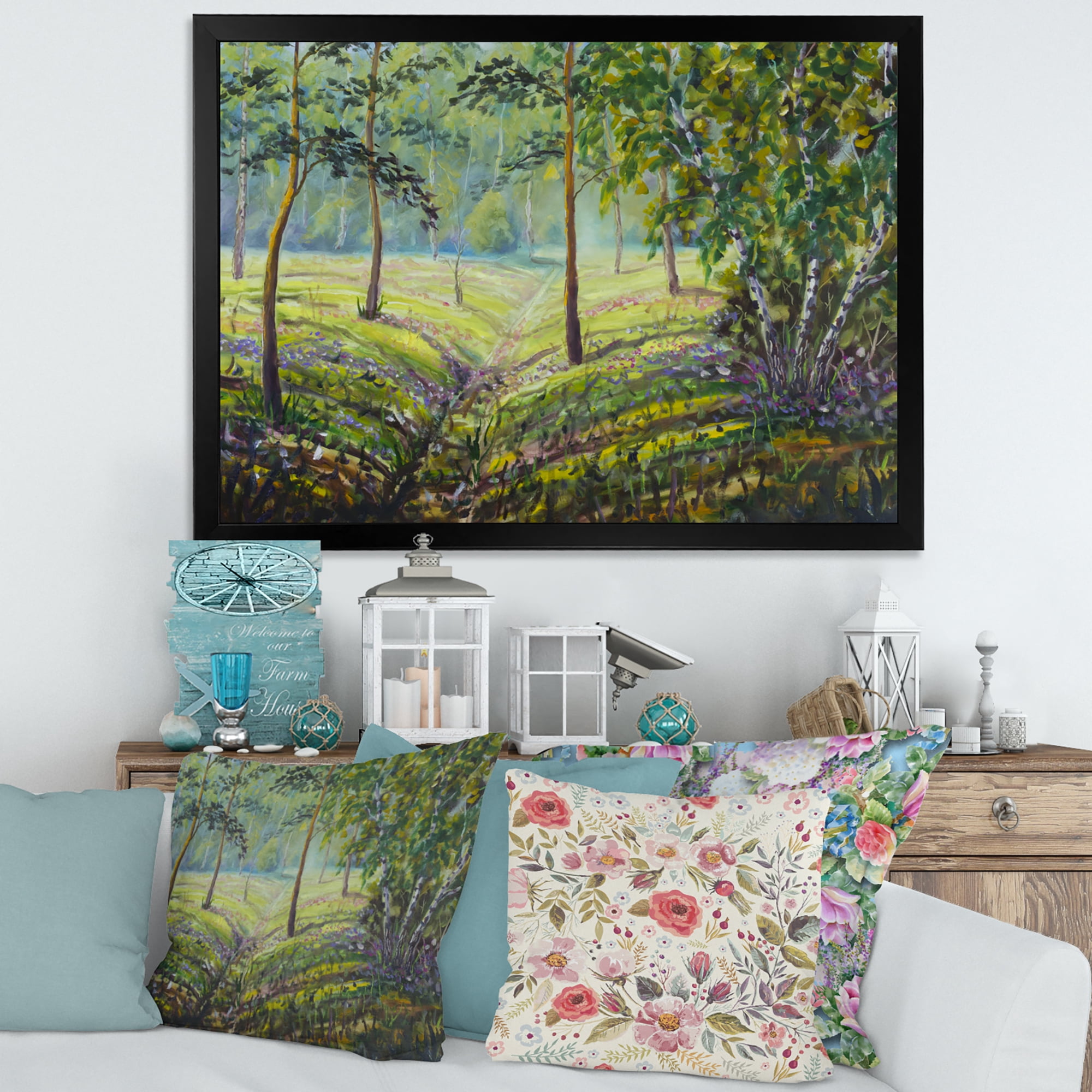 Designart 'Bushes and Pine Trees In The Forest I' Lake House Framed Art Print