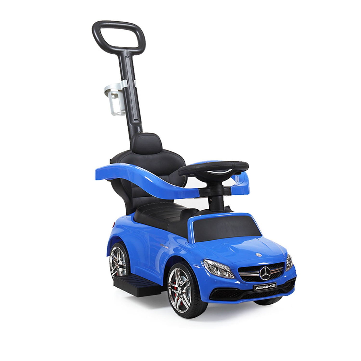 CIPACHO Licensed Mercedes 3-in-1 Kids Ride On Car, Child Walker Stroller with Handle, Safety Bars, Music & Horn, Cup Holder, Toy Push Car, Blue