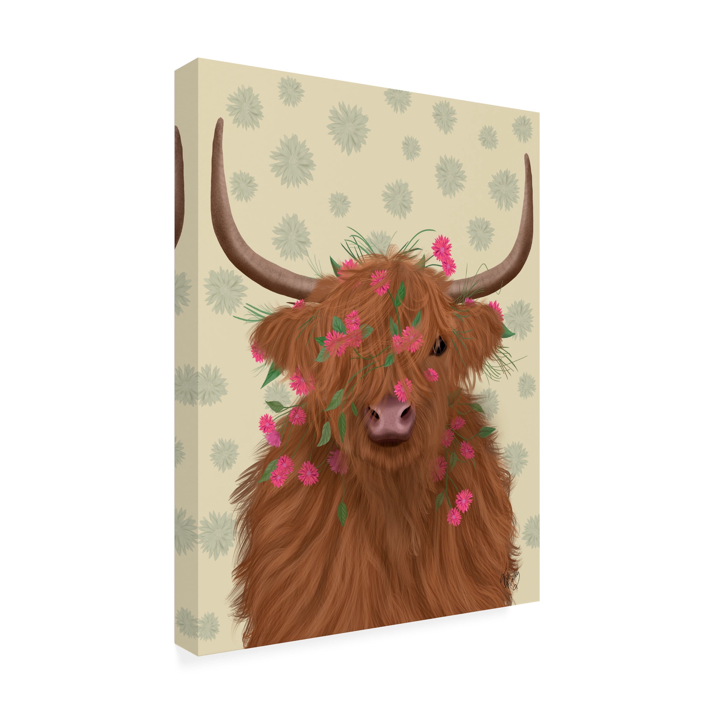 Fab Funky 'Highland Cow 1 Pink Flowers' Canvas Art