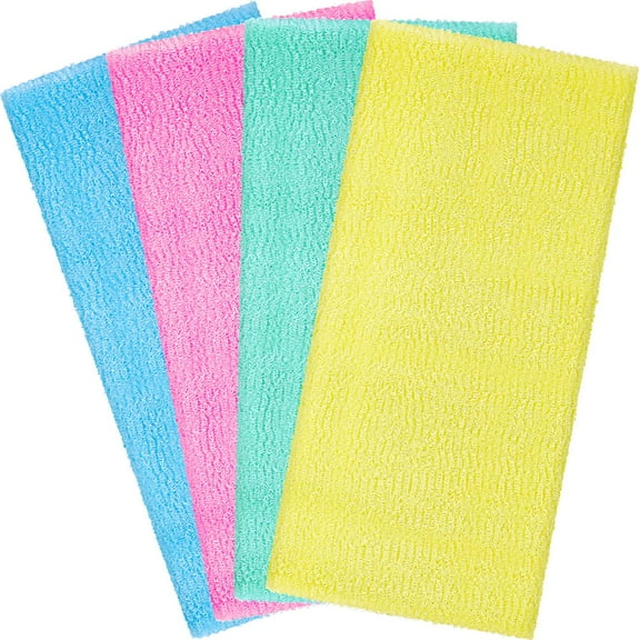 4 Pieces Exfoliating Washcloth Towel Japanese Washcloth Nylon Beauty Skin Bath Wash Towel Sponge Korean Loofah Bath Cloth Shower Washcloth for Body 35 Inches (Blue, Pink, Yellow, Green)