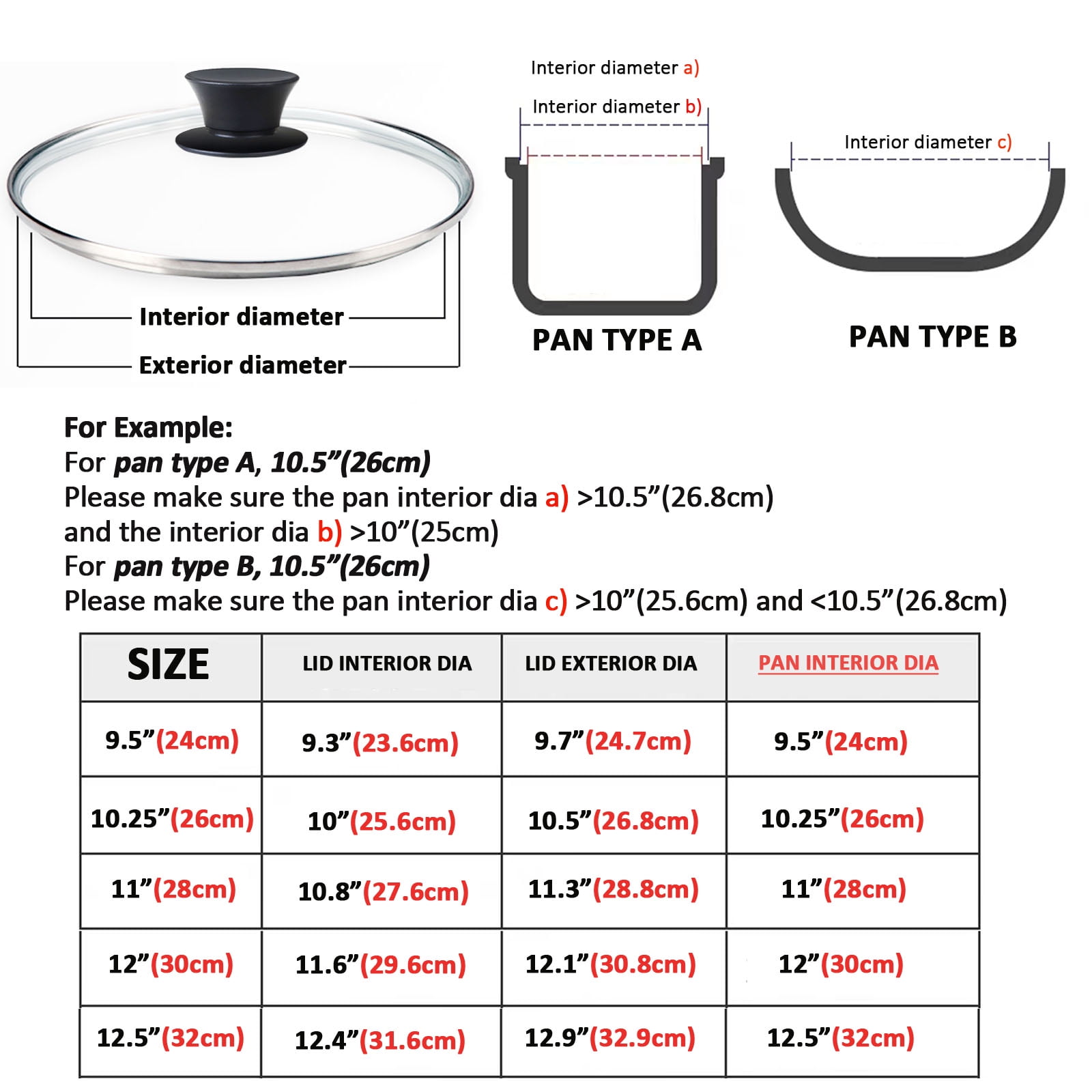 Glass Lid for 10.25 Inch Stainless Steel Cast Iron Skillets Frying Pans, 26cm Tempered Lids for Dutch Ovens, 10.25 In Pan Cover with Stainless Steel Rim for Stock Pots