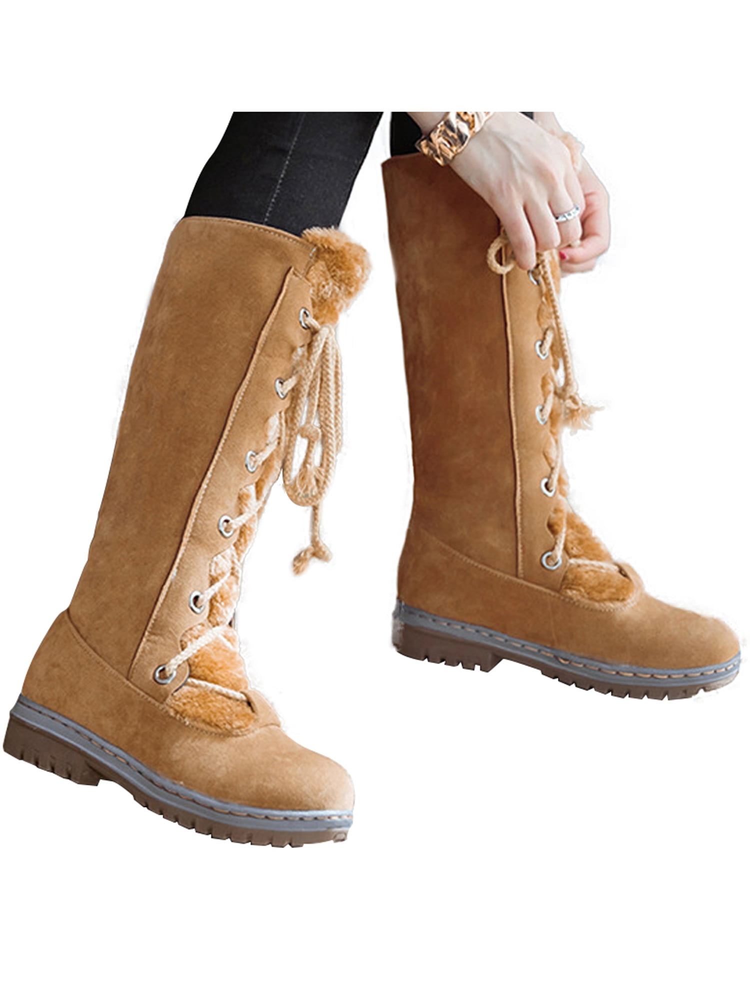 Womens Classic Lace Mid-Calf Flat Fur Short Snow Boot Winter Shoes for Sport Warm