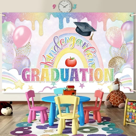 Kindergarten Graduation Backdrop, 1.8x1.1m Cartoon-Themed Fabric Banner for Photo Booth, Party Decoration