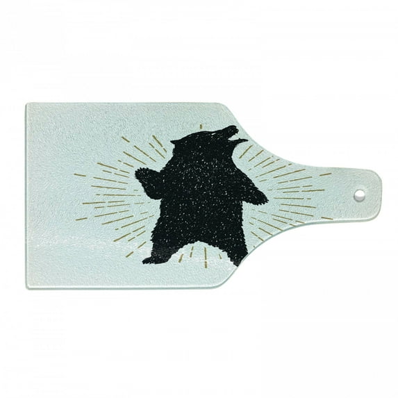 Bear Cutting Board, Sketch of Tribal with Roaring Grizzly Bear and Sunburst Vintage Wildlife, Tempered Glass Cutting and Serving Board, Wine Bottle Shape, Charcoal Grey and Brown, by Ambesonne