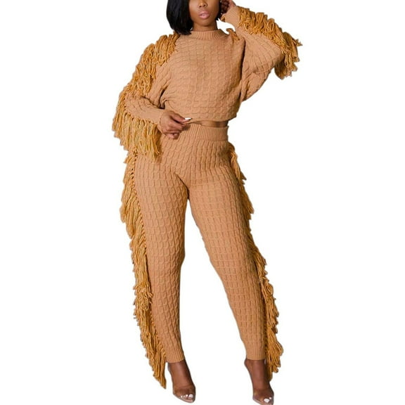 Women's Lounge Sets 2 Piece Outfits Knitted Long Sleeve Tassel Sweater Long Pants Sweatsuit 2025 Solid Color Fashion Casual Clothes