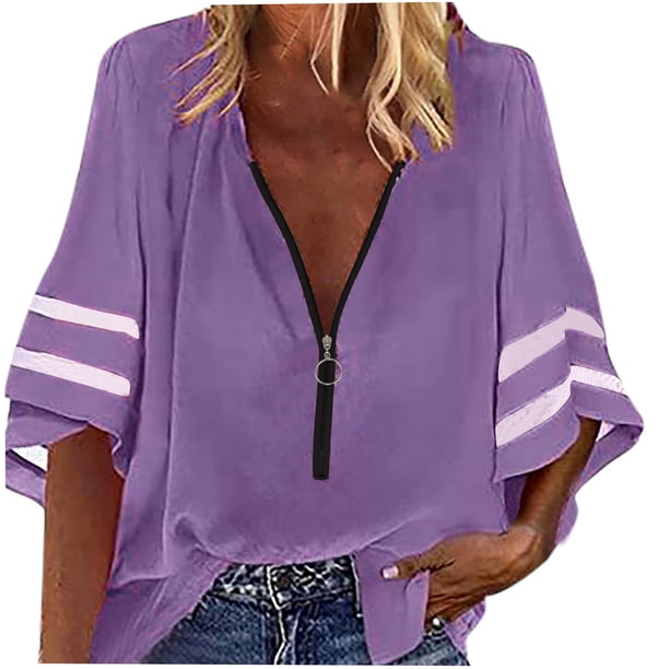 Puntoco Mujer Cuello en V Sólido Cremallera Frontal Blusa Linterna Malla Manga Suelta Casual Top Camisas Puntoco Puntoco-1247