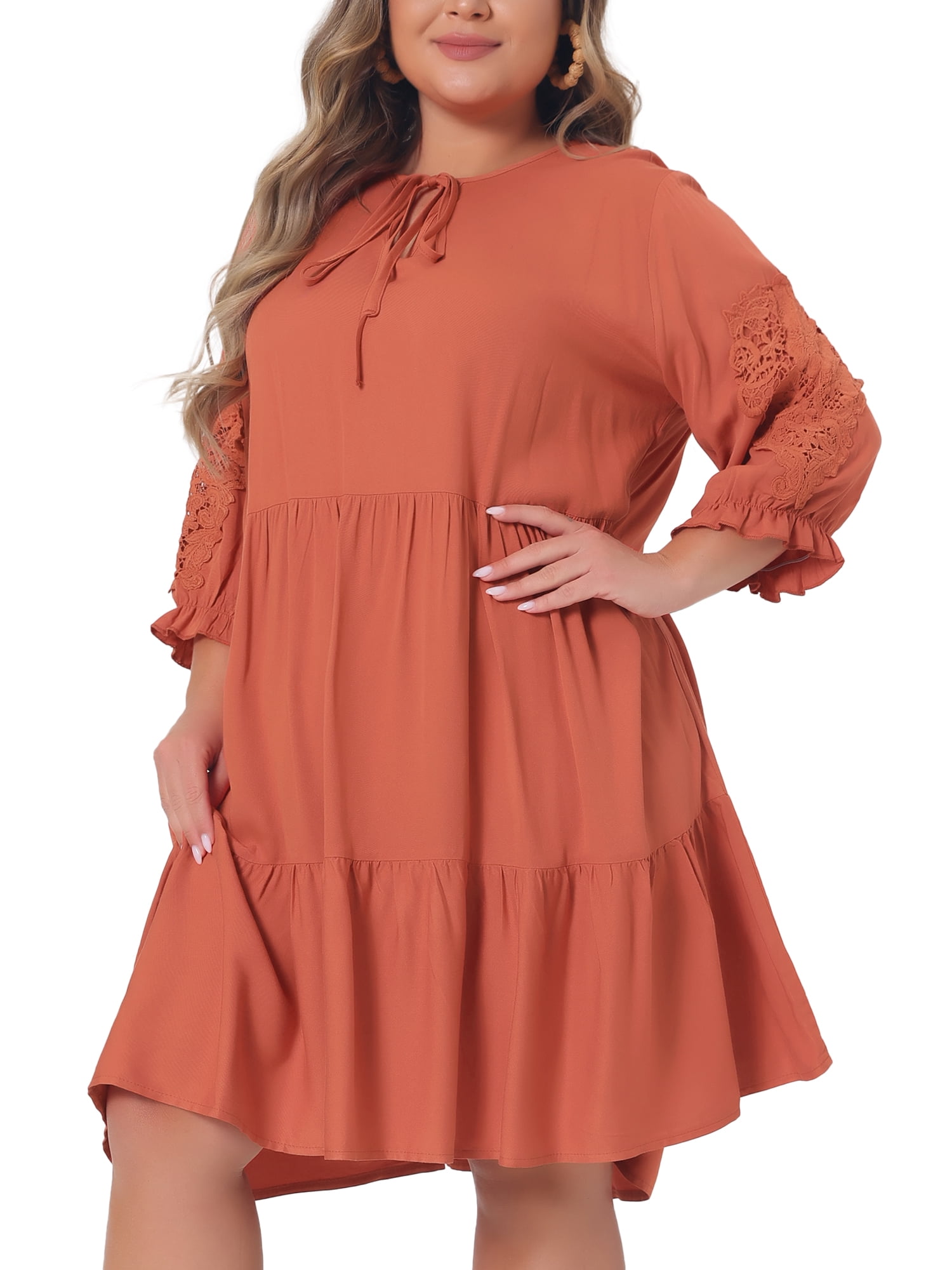 DARING DIVA Women's Plus Size Tie Neck Lace Sleeve  Ruffle Midi Flowy Dress 2X Orange