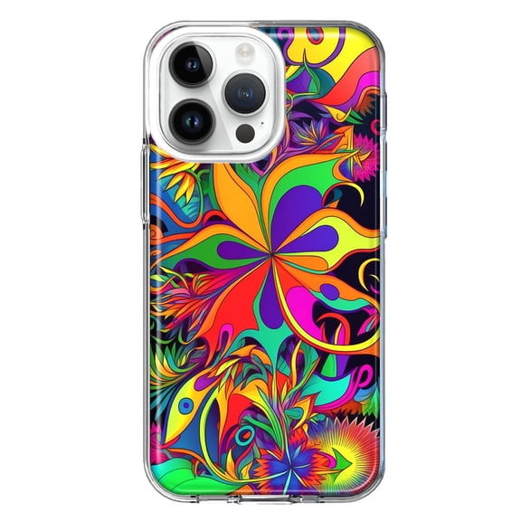 MUNDAZE Case for Apple iPhone 15 Pro Max Slim Hard Shell Soft TPU Hybrid Shockproof Heavy Duty Protective Phone Cover - Neon Rainbow Psychedelic Hippie Wild Flowers