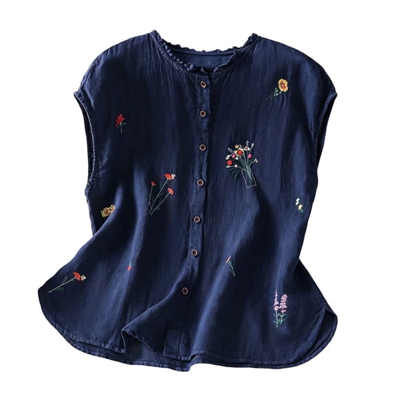 TEAJOPSUU Womens Loose Tank Tops Cute Floral Embroidery Ruffle Trim Sleeveless Blouse Round Neck Button Front Solid Color Shirt for Summer Daily Wear Navy